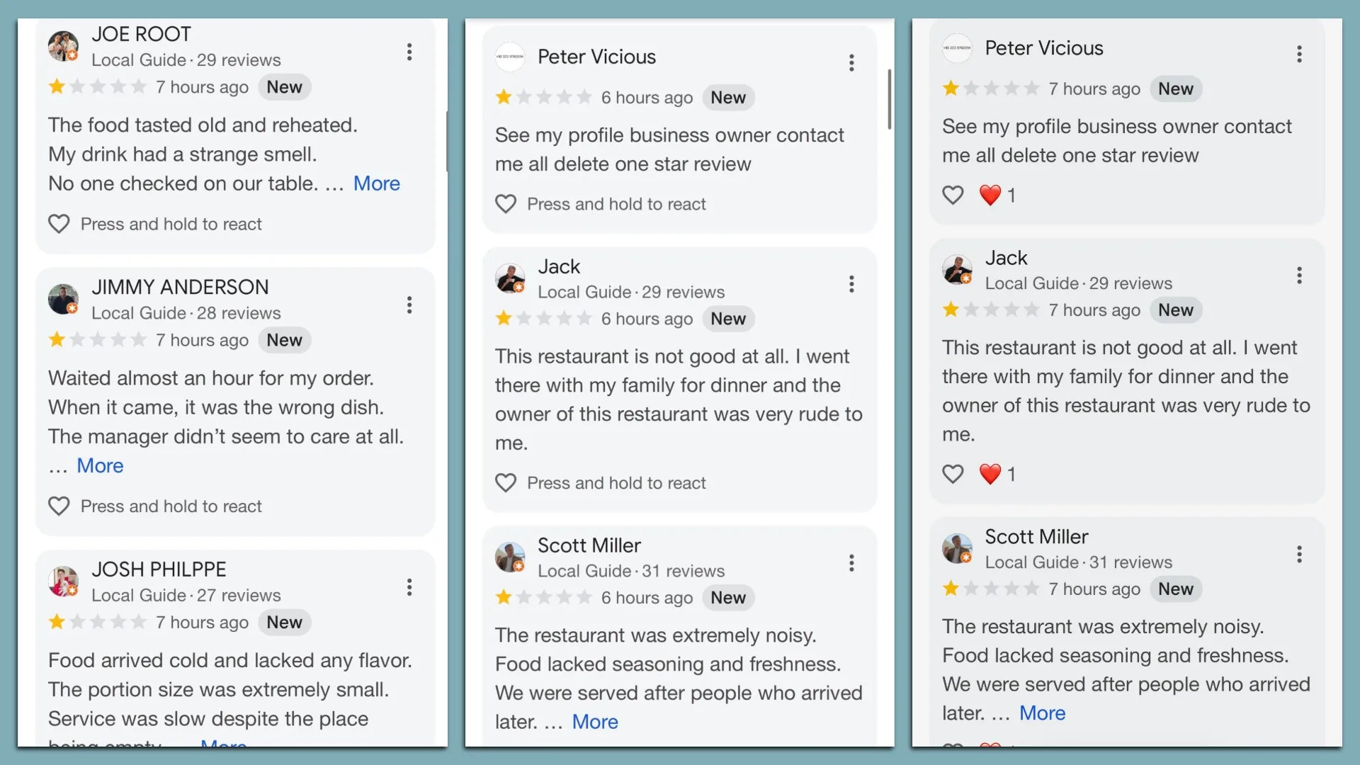 Coordinated 1-star bot review flood on a Google business profile